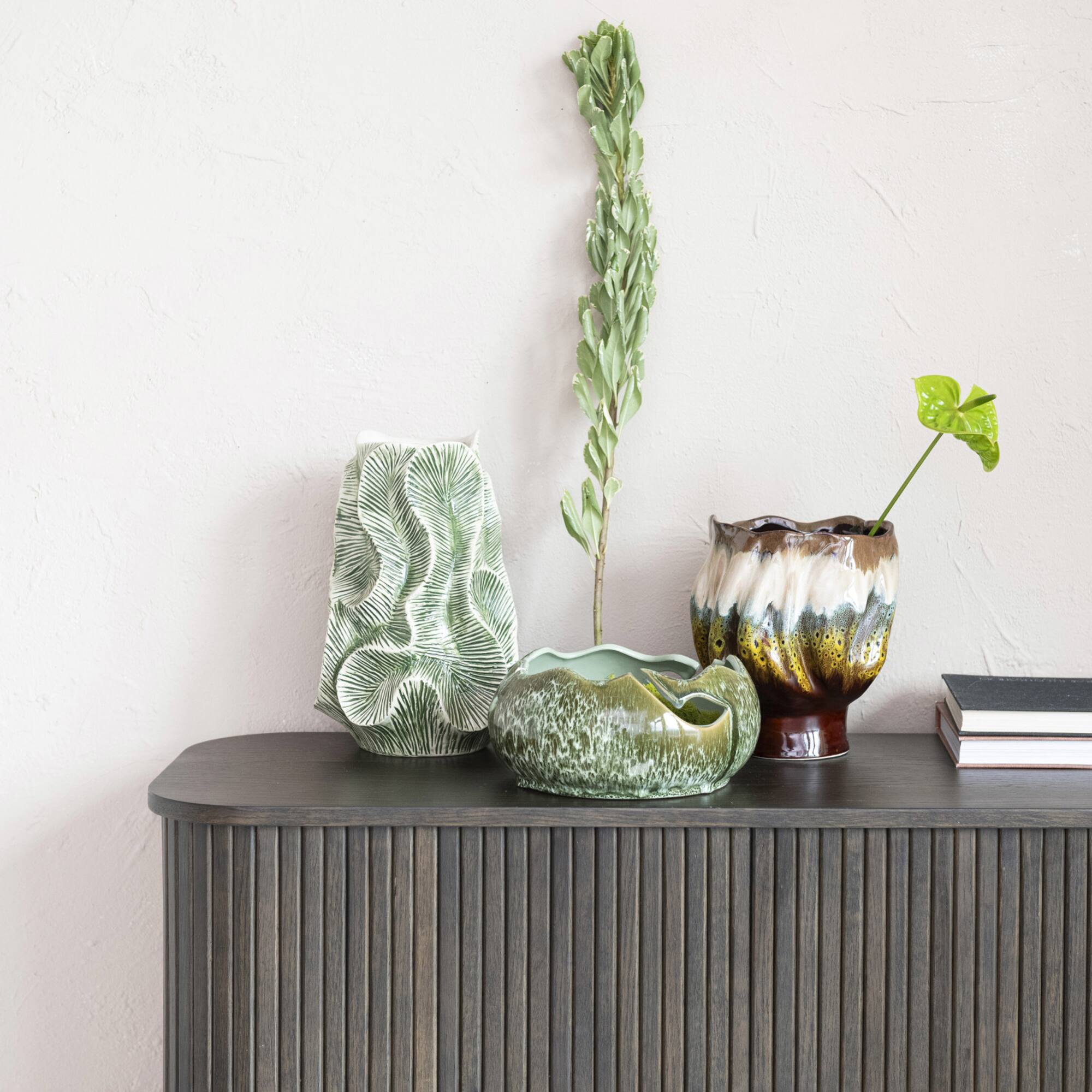 Hello Honey® 12.75" Green Textured Stoneware Organic Shaped Vase with Reactive Glaze